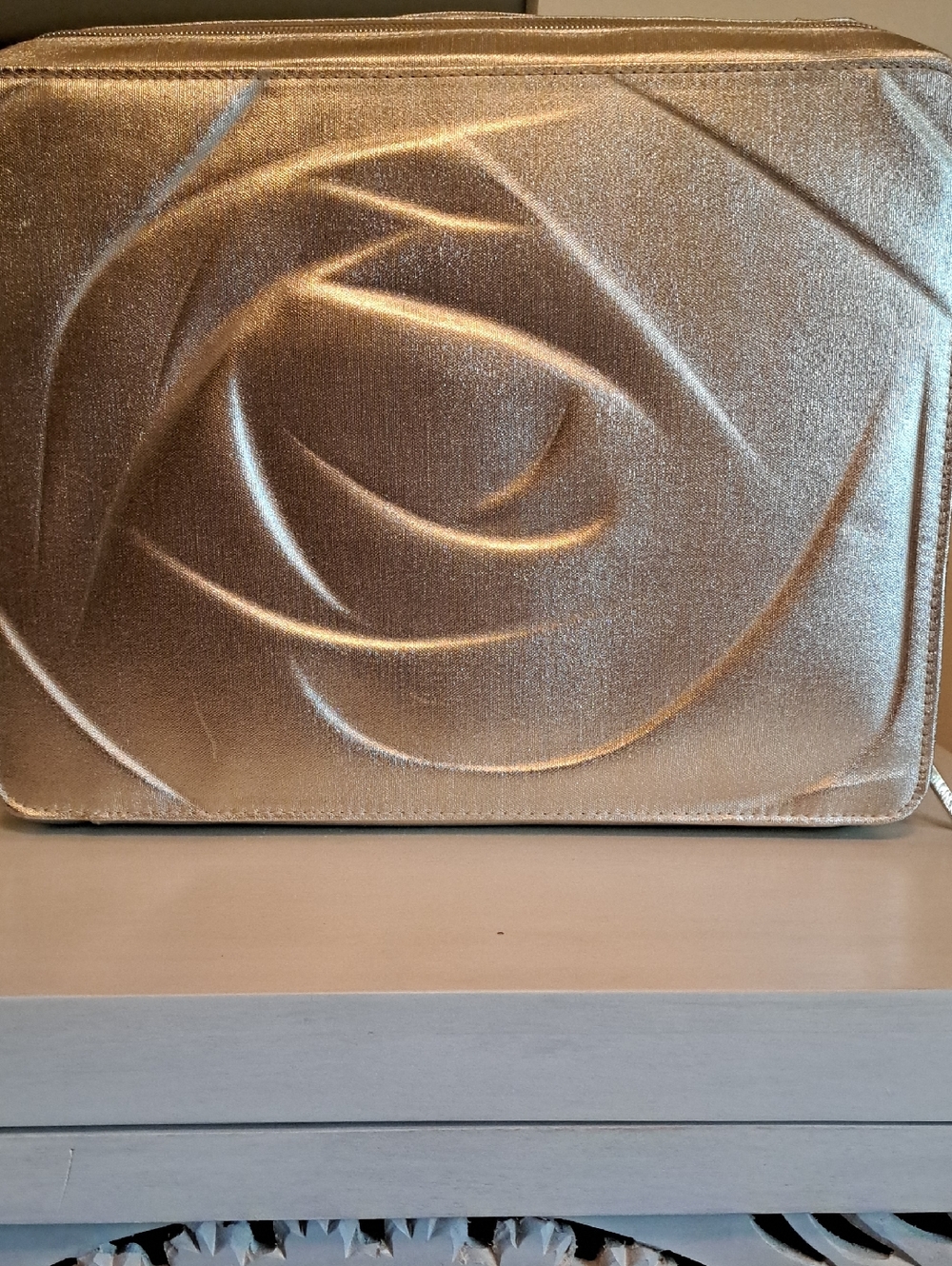 Lancome Metallic Gold Cosmetic Case with Embossed Rose Motif